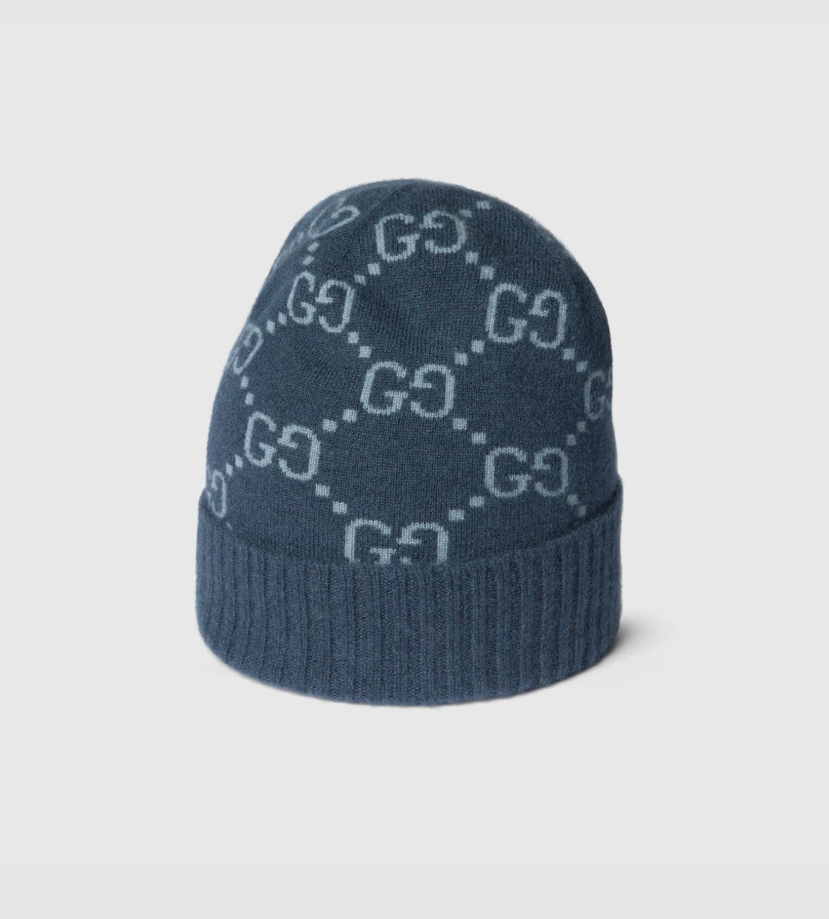 Bonnet et Écharpe en jacquard de cachemire GG bleu marine et bleu clair