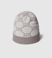 Bonnet et Écharpe en jacquard de cachemire GG ivoire et gris clair