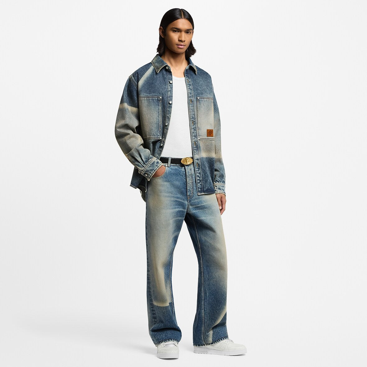 Pantalon droit effet décoloré en denim